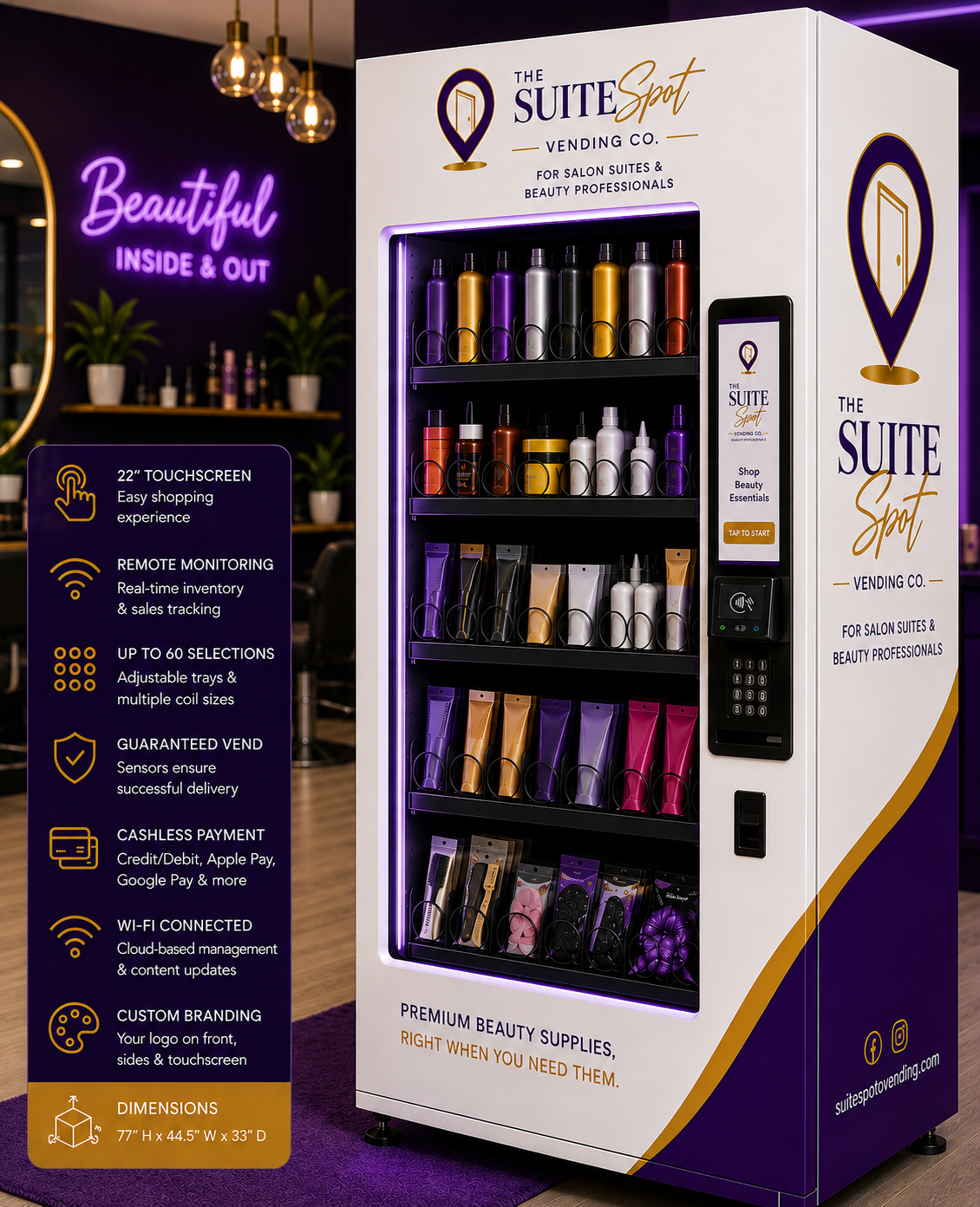 Suite Spot Vending beauty vending machine with touchscreen, cashless payment, branded exterior and machine specifications